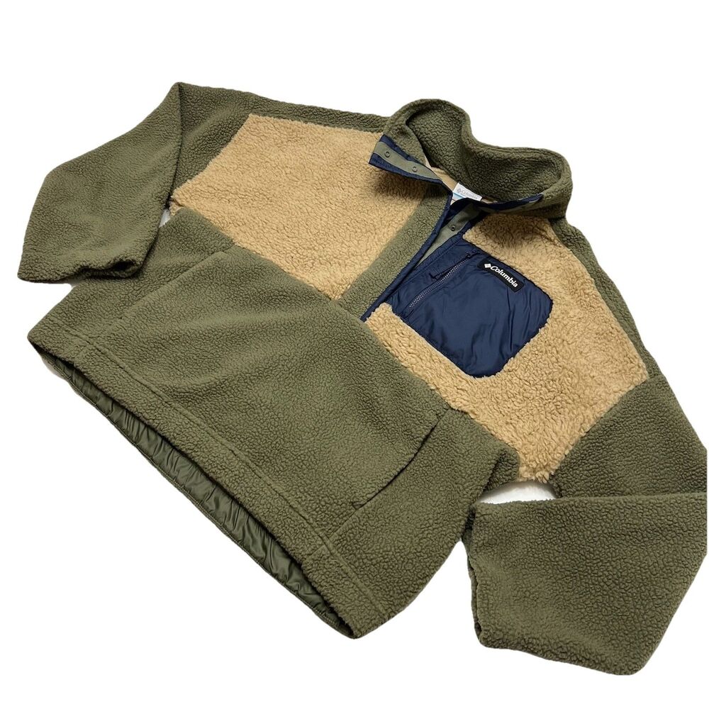 Columbia Lodge Sherpa 1/4 Snap Pullover Color Block Olive Navy Women's Large